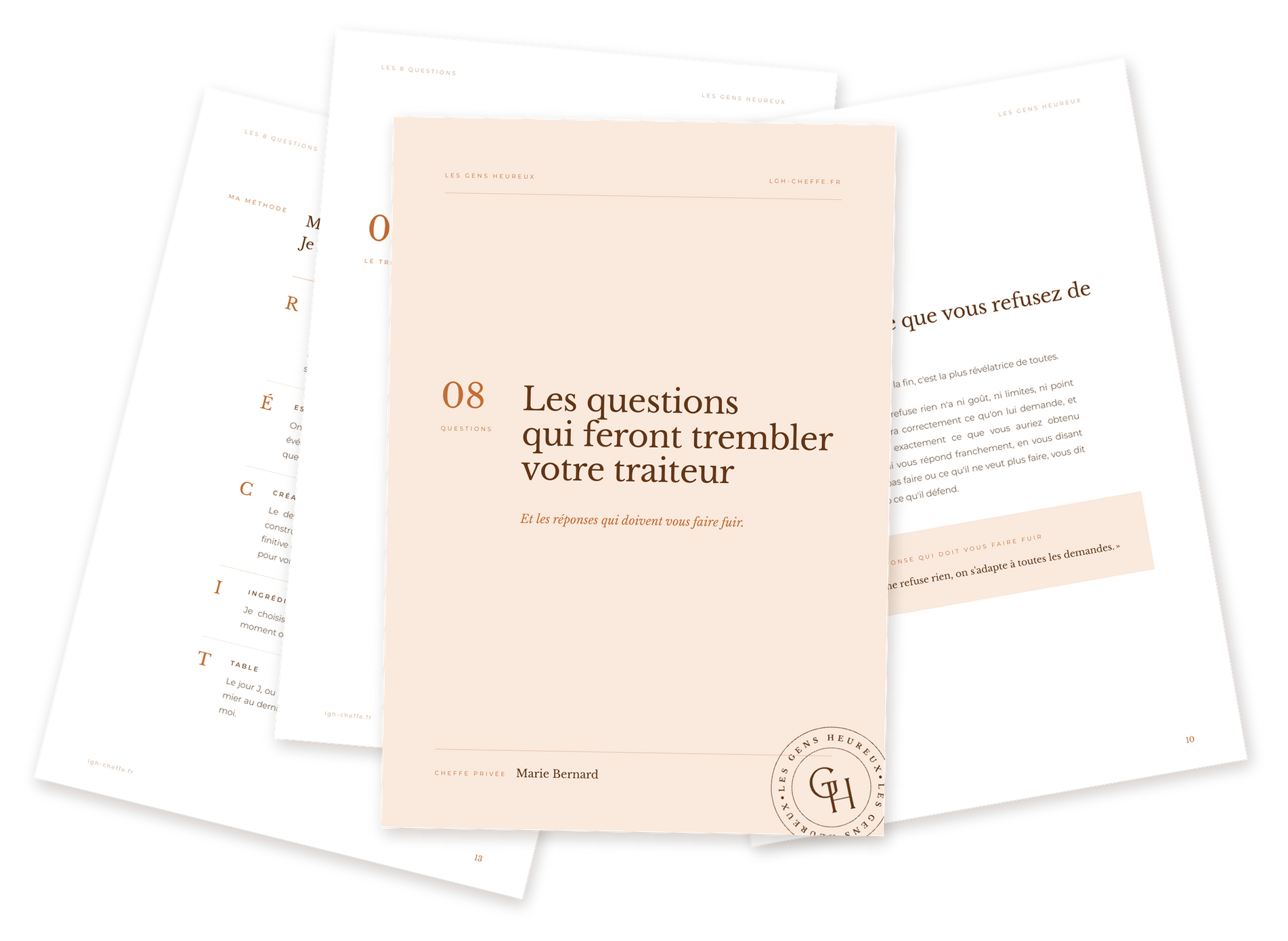 Aperçu du guide Les 8 questions qui feront trembler votre traiteur, par Marie Bernard, cheffe privée